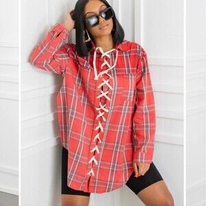 POL Flannel Lace up Plaid Split Sides Long Sleeve Ombra Shirt Size M